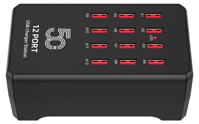 A black 12-port USB charger station with red USB ports and white text labels.
