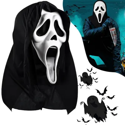 Produktbild von Halloween Maske mit Kapuze, Universalgröße (H45cm, B25cm), Netzaugen, -nase, -mund, wiederverwendbar, Halloween Fasching Karneval, Geist Scream Maske