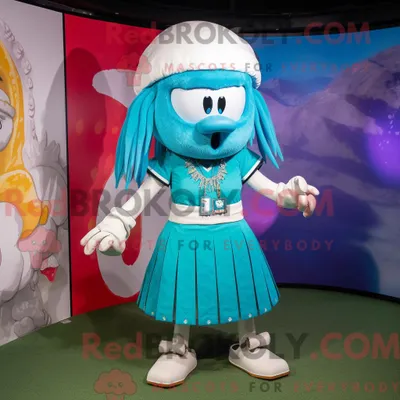 Produktbild von Türkisfarbenes REDBROKOLY American Football Helm Maskottchen Kostüm Figur bekleidet mit einem Maxirock und Ohrringen