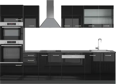 Produktbild von Vicco Kuchyňský kout R-Line, 300 cm s vysokou skříní, bez pracovní desky, Černý vysoký lesk/Antracit
