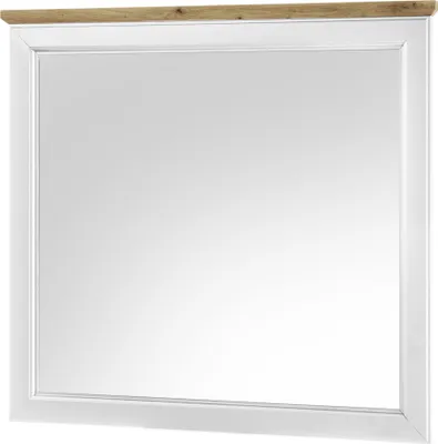 A mirror with a white frame and a wooden top edge.