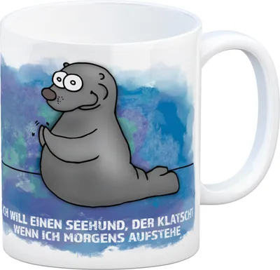 Produktbild von Kaffeebecher mit Seehund Motiv und Spruch: Ich will einen Seehund, der