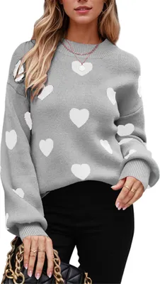 Produktbild von ASKSA Damen Pullover Rundhals Herz Grafik Strickpullover Langarm Winter Strickpulli Casual Herzdruck Strickpullover (Grau,M)