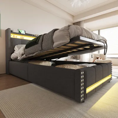 Image de OKWISH Lit Coffre 90x200 cm, lit simple avec rangement, éclairage LED télécommandé, prise USB, étagère intégrée, sans matelas - Gris