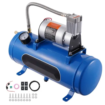 Produktbild von 12-V-Luftkompressor mit 6 L-Tank - Zughorn-Luftkompressor-Set - 90-120 psi Arbeitsdruck - Integriertes Luftkompressorsystem für Zug-Lufthupen - Reifen, LKWs, SUVs pumpen - Blau