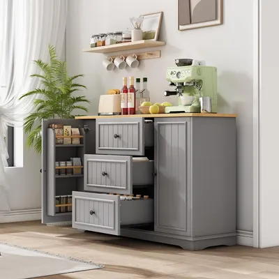 Immagine prodotto di Merax: credenza moderna, cassettiera con 3 cassetti e ante simili a quelle di un frigorifero, mobile da sala da pranzo, soggiorno e ingresso, grigio