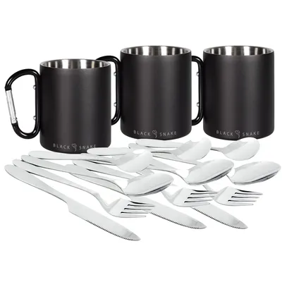 Produktbild von Black Snake® Edelstahl Karabiner Haken Thermo Tasse mit 'lunch' Camping Essbesteck - 3 Personen - Set