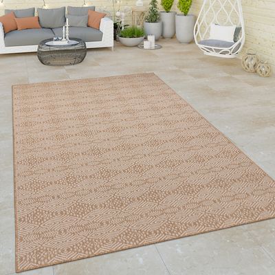 Outdoor Teppich Wetterfest Balkon Flachgewebe Rauten Muster Boho Creme Taupe Grösse 120x160 cm