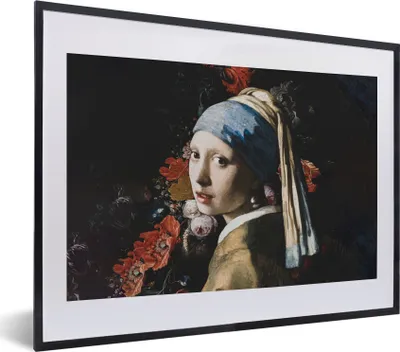Produktbild von MuchoWow® Gerahmtes Poster Das Mädchen mit dem Perlenohrring - Vermeer - Blumen 40x30 cm - Poster mit Schwarzem Bilderrahmen Wandposter Rahmen Foto Bilder - Bilderrahmen - Poster im Rahmen