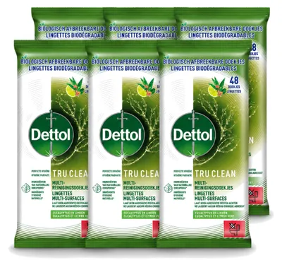 Obrázek produktu pro 6 kusů čisticích ubrousků Dettol Tru Clean, víceúčelové, s vůní eukalyptu a limetky, biologicky odbouratelné, výhodné balení