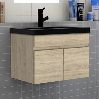 Produktbild von Badezimmer Badmöbel 60 cm Schwarz Waschtisch mit Unterschrank Hängeschrank Badezimmerschränke Badschrank mit 2 Türen Eiche