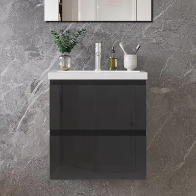 Produktbild von 50 cm Badmöbel-Set Unterschrank mit Mineralguss waschtisch 2 Schubladen soft-close Hochglanz Schwarz Selbstmontierter