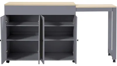 Obrázek produktu pro Výsuvný barový stůl se 6 úložnými prostory – stolová deska s povrchem imitujícím dřevo, rozměry 118-180x50x94 cm – šedá barva