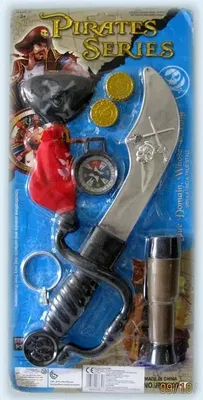 Produktbild von Piratenset mit Säbel (ca. 33 cm), Augenklappe, Fernrohr, Münzen, Kompass und Geldsack