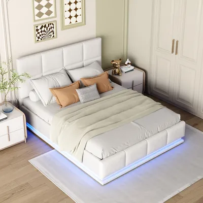 Produktbild von MODFU Boxspringbett Hydraulisches 140 x 200 cm mit LED-Beleuchtung, Polsterbett Funktionelles mit Verstellbares Kopfteil, Doppelbett Stauraumbett mit Bettkasten Stauraum, PolyurethanWeiß(Ohne Matratze)