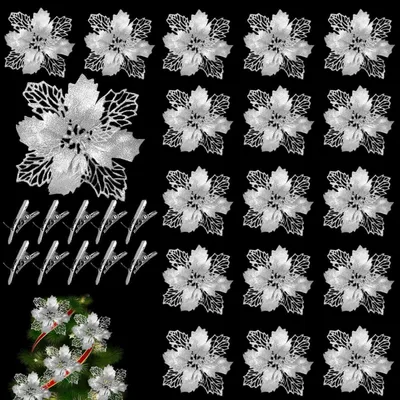 Immagine prodotto di Decorazioni per l'albero di Natale, 20 pezzi, glitter, fiori di Natale argentati, decorazioni artificiali per Natale, 11 cm, con clip