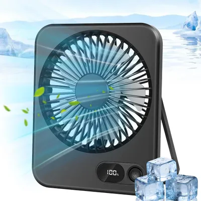 Produktbild von Mini USB Ventilator mit LCD-Anzeige Tragbarer Tischventilator mit 180° Drehbarer Kopf 5 Geschwindigkeitsstufen Tischventilator Leise 1200mA Ladefähige