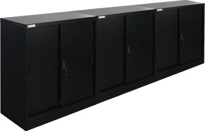 Produktbild von Mega Deal | 3x Aktenschrank ELEPHANT mit abschließbaren Schiebetüren | HxBxT 90x90x40cm | 3 Ebenen | Stahl mit Pulverbeschichtung | Schwarz | Mehrzweckschrank Büroschrank Aufbewahrungsschrank