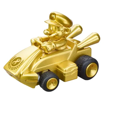 A gold-colored Mario Kart toy car with a Mario figurine driving it, isolated on a white background.