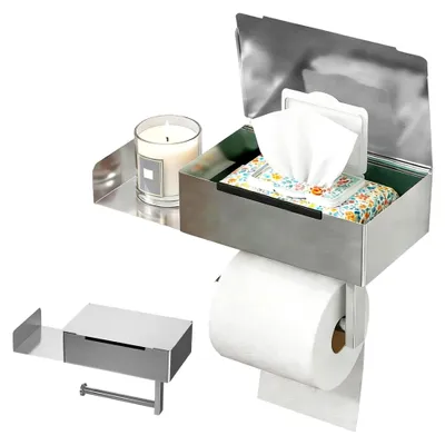 Produktbild von Toilettenpapierhalter mit Feuchttücherbox, ohne Bohren, mit Ablage für Toilettenpapier, Edelstahl WC Rollenhalter für Bad, Küche