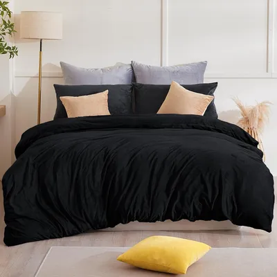 Immagine prodotto di TRANKIELO® - Set di biancheria da letto in flanella, 155 x 220 cm - Caldo, soffice, facile da pulire, nero, microfibra