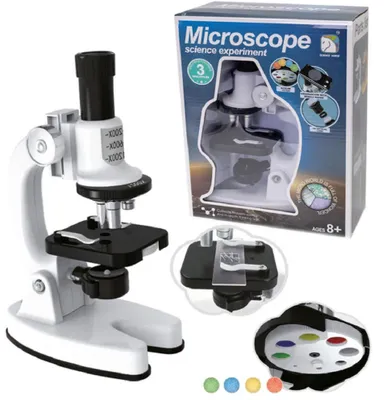 A white and black microscope with its packaging and accessories, displayed on a white background.