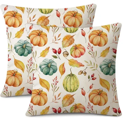 Productafbeelding van Kussensloop set van 2, herfstmotief, pompoen en esdoornblad, 45x45 cm, polyester