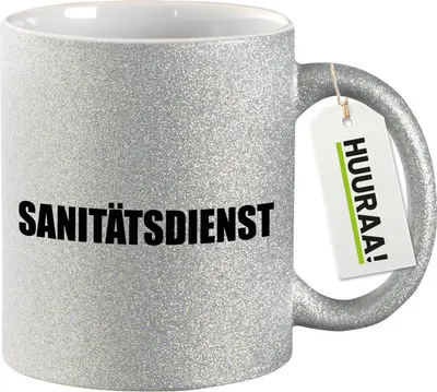 Produktbild von Huuraa Glitzertasse Sanitätsdienst Schriftzug 330ml Silber Keramik Kaffeebecher Geschenkidee