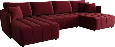 A large, U-shaped sectional sofa in a deep burgundy color is shown against a white background.