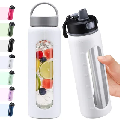 Immagine prodotto di Bottiglia d'acqua in vetro da 700 ml con doppio tappo e indicatore dell'ora