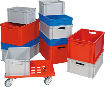 Produktbild von Set mit 12 Eurobehältern 600x400 und 400x300 mm in 4 Größen inkl. Transportroller