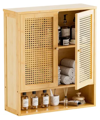 Immagine prodotto di Armadietto da parete in rattan - Armadietto portamedicinali in bambù - 59 x 21 x 66,5 cm - Ripiano regolabile - Con doppie ante