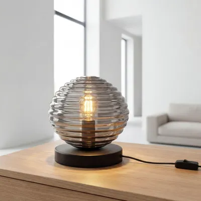 Produktbild von Nachttischlampe Metall Rauchglas klein D: 18 cm H: 16,5 cm hoch Schwarz für E27 Tischleuchte Beistelllampe