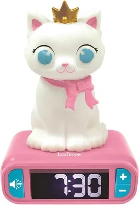 Obrázek produktu pro Digitální budík s nočním světlem LEXIBOOK Kočka, 3D světlo a zvuk, bílá a růžová, LCD displej, kočičí efekty, funkce snooze