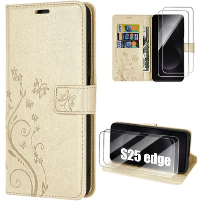 Image de Coque + 2 Verres Trempés pour Samsung Galaxy S25 Edge, Protection Antichoc Synthécuir Doré Motif Papillon Fleur