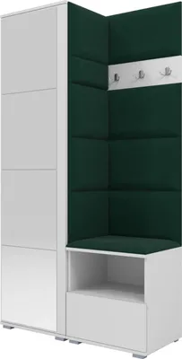 Produktbild von Garderoben-Set Nela I mit Spiegel, Polstergarderobe mit Schuhschrank, Dielenmöbel-Set mit Hochschrank (Farbe: Weiß + Trinity 28 (Flaschengrün))