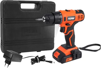A cordless drill with its accessories, including a case, charger, and battery, laid out on a white background.
