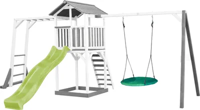 Produktbild von AXI Beach Tower Spielturm aus Holz in Weiß & Grau | Spielhaus für Kinder mit hellgrüner Rutsche, Klettergerüst, Nestschaukel und Sandkasten | Stelzenhaus für den Garten