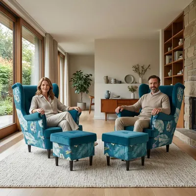 Produktbild von 2er-Set Ohrensessel ARI Print DUO – Hocker mit Stauraum, Webstoff in Blau, Family Meble, KI-generiertes Bild