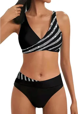 Produktbild von ASKSA Damen Bikini Set Push Up Zweiteiliger Streifen High Waist Badeanzug Sport Bademode, Schwarz, L