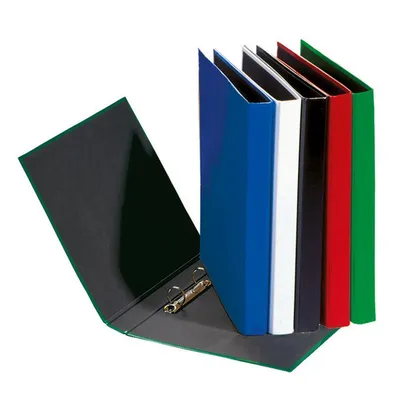 A group of colorful ring binders are displayed, with one green binder open to reveal its interior and metal rings.