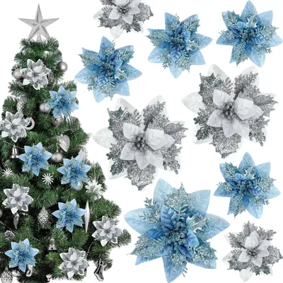 Produktbild von 30 Stück Weihnachtssterne, künstliche Glitzerblumen, Weihnachtsblumen, Weihnachtssterne für den Weihnachtsbaum, künstliche Weihnachtssterne, Blumen für den Weihnachtsbaum, zum Basteln, Dekorieren, Dekorieren (Hellblau, Silber)