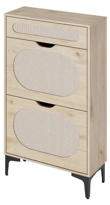 Produktbild von Rattan Schuhschrank - Freistehender Schuhschrank mit 2 Klappfächern - 1 Ausziehschublade - 3 verstellbare Einlegeböden - Holzoptik