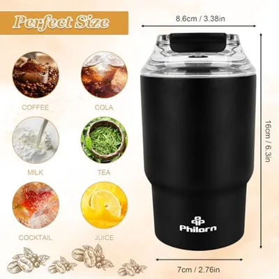 Isolierte Kaffeetasse 400ml - Wiederverwendbarer Reisebecher mit Deckel und Strohhalm - Schwarz für heiße und kalte Getränke