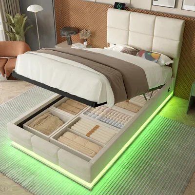 Produktbild von LVHOM Polsterbett 90x200cm mit LED und USB, Einzelbett mit Hydrauliksystem, Stauraumbett Samtstoff, Bettgestell Massiv, Boxspringbett, Beige