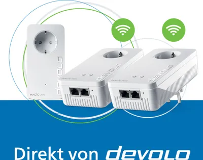 A marketing image showing three devolo Magic 2 WiFi next Powerline Mesh WLAN adapters against a white and blue background with graphic elements.