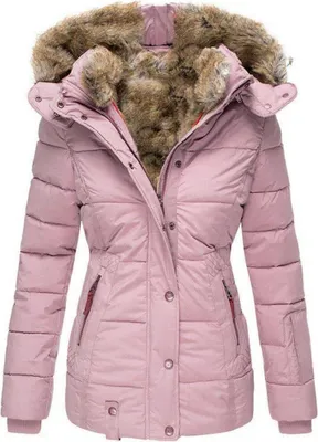 A pink winter jacket with a fur-lined hood is shown against a white background.
