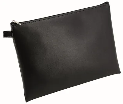 A black faux leather pouch with a zipper closure, shown against a white background.