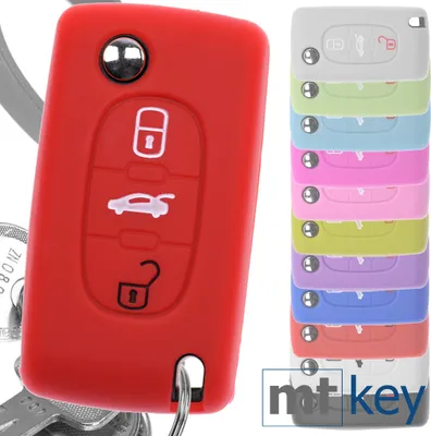 Produktbild von Auto Schlüssel Hülle Silikon Schutz Cover Rot kompatibel mit Peugeot 307 308 I 407 Expert RCZ Citroen C4 C5 III 3 Tasten Klappschlüssel