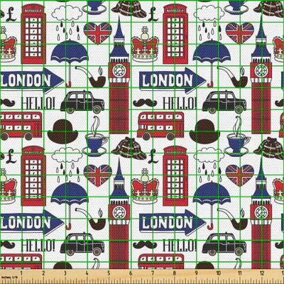 Produktbild von ABAKUHAUS London Gewebe als Meterware, Berühmte englische Stadt-populäre Marksteine ​​und Symbole BRITISCHES Tourismus-Reiseziel, 10 M (148 x 1000 cm), Mehrfarbig